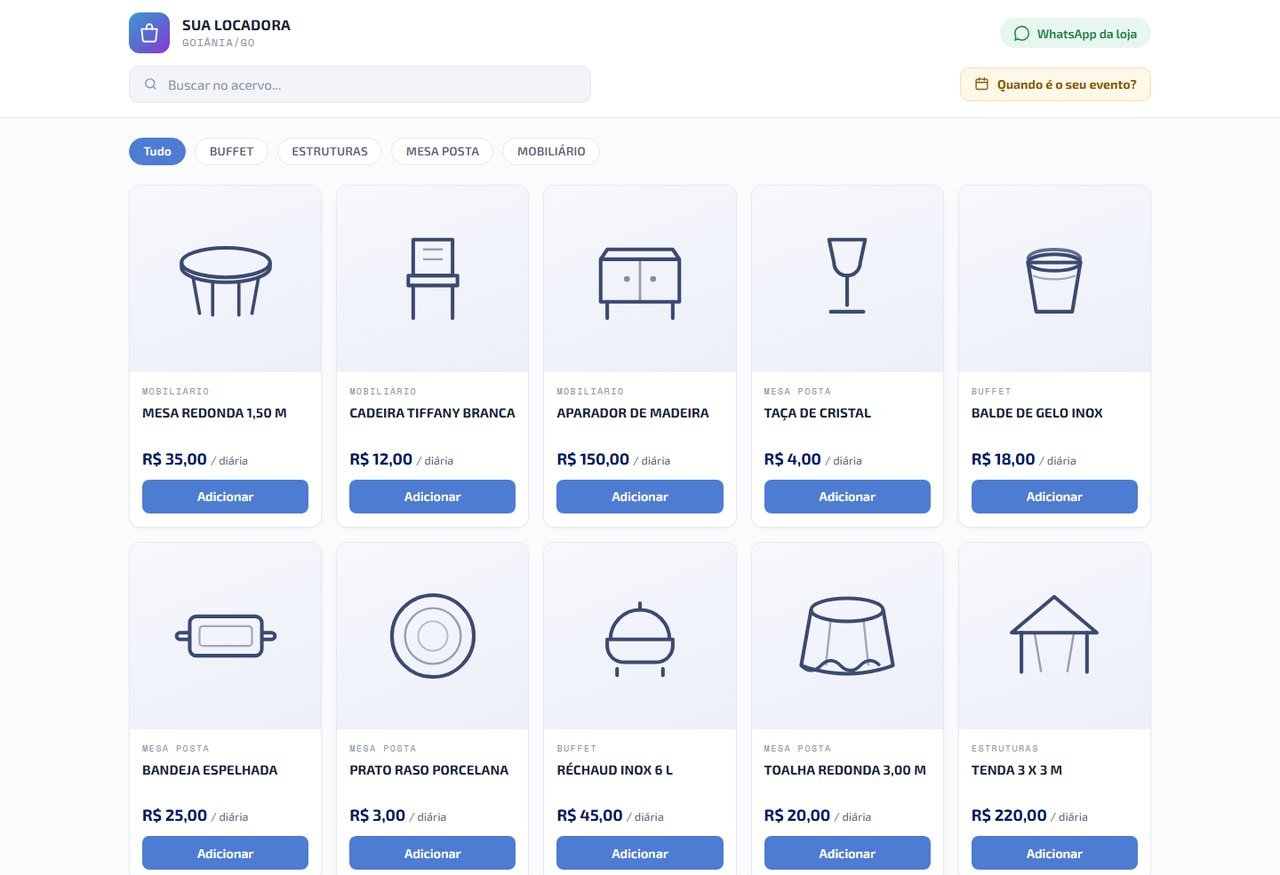 Interface do catálogo online de locação para festas: grade de produtos com imagem, categoria e valor da diária, com busca e seleção do período do evento