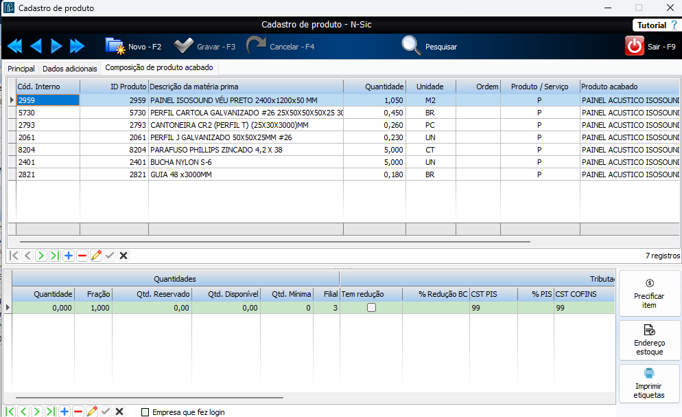 Ficha técnica / composição no N-Sic